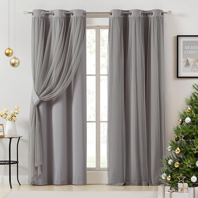 Bujasso Grey 90% Blackout Curtains with Sheer Overlay Mix and Match Double Layer Window Curtains Thermal Insulated 95 inch for Living Room Bedroom Gray Drapes with Tiebacks Grommet Top 37" Wx95 Lx2