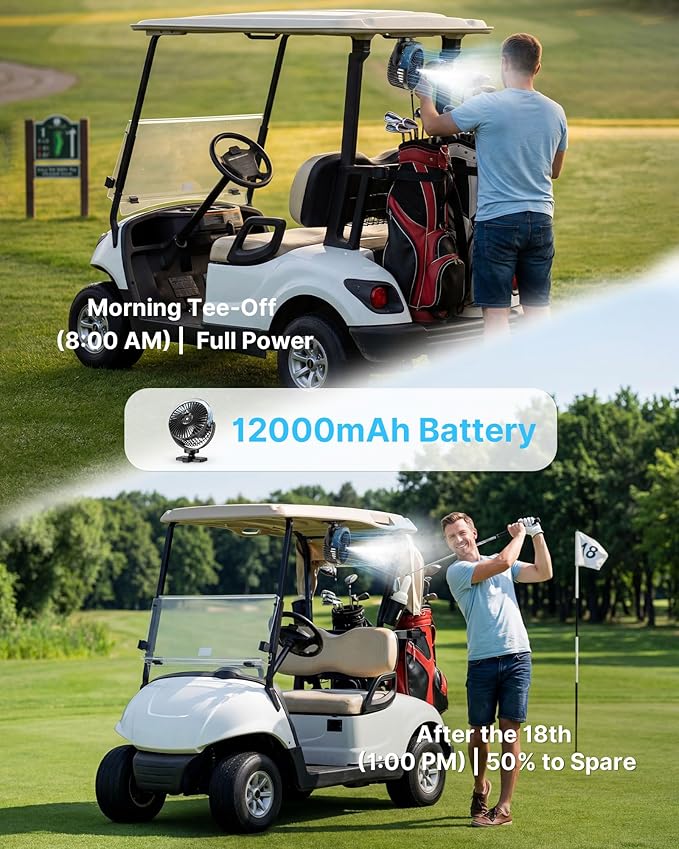 BOYISEN 2-Pack Magnetic Golf Cart Fan with Misting, 12000mAh Battery Operated Portable Fan 4 Speeds, LED Lantern, Universal Fit for EZGO Club Car Yamaha, Cruise Ship Accessories Travel Essentials