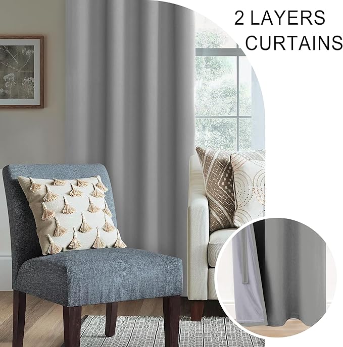 XWZO Full Shading Blackout Curtains 45 Inches Length with Tiebacks- Heat and Light Blocking Ring Top Window Drapes with Black Liner Backing for Bedroom/Kid's Room, Light Grey, W52 x L45, Set of 2