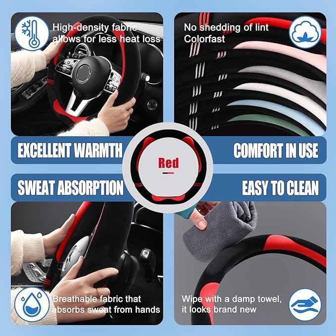 Furry Cute D Shaped Steering Wheel Cover, Soft Fluffy Short Plush Auto Accessories, Non-Slip Cold-Proof Sweat-Proof Colorfast, Universal 15 inch(Black with Red)
