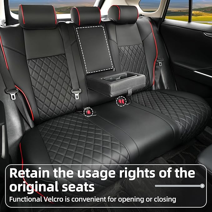 Lolcar Rav4 Seat Covers Custom Fit for Toyota Rav4 (for Hybrid) 2019-2025 LE,XLE,XLE Premium,Limited,Woodland Edition, Leather Truck Seat Cover Full Set for SUV,Faux Leather(Black red Grid)
