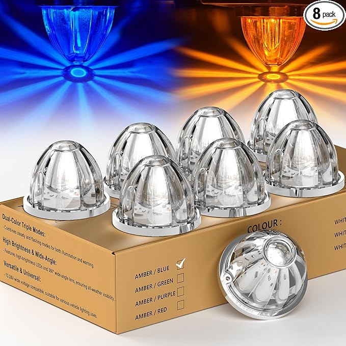 8-Pack Dual Color Watermelon Lights 3 Modes Amber Blue LED Strobe & Steady Lights 360° Visibility Clearance Side Marker Warning Lights for Truck Trailer Kenworth Peterbilt Freightliner