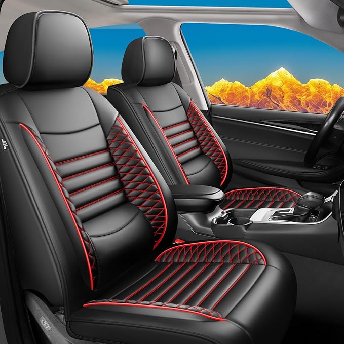 Fit Forester Car Seat Covers for Subaru Forester 2007-2025 2026 - Upgraded Premium Waterproof & Breathable Leather, Airbag Compatible, All-Weather Seat Cushion Protector (Full Set, Black+Red)