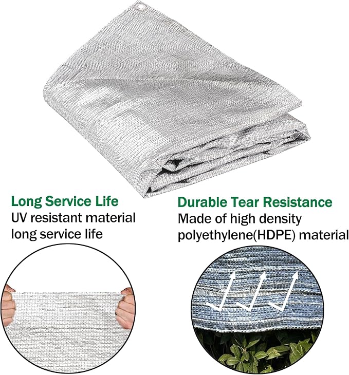 95% Sun Block Heavy Duty Aluminum Foil Shade Cloth with Grommets,20ft x 20ft, Mesh Sun Block Fabric Cover, Canopy, Privacy Screen for Outdoor Patio, Garden, Backyard, Silver