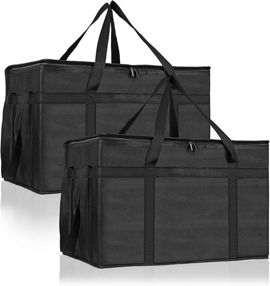 PEASUG 2PCS Insulated Bags for Food Delivery, XXXL Pizza Delivery Bags, Large Capacity Cooler Bag Keep Food Warm for Grocery Shopping and Catering, Foldable, Heavy-Duty (Black)