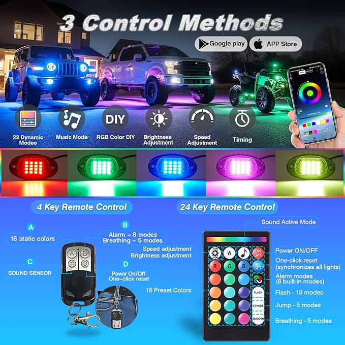 16Pods RGB LED Rock Lights Kit with APP/RF Remote Control, Segmented Multicolor Underglow Accent Light Exterior Music Mode Waterproof 12V for Trucks Pickup Jeep Gladiator Off-Road