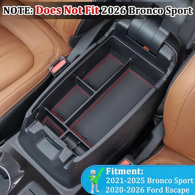 TOPINSTALL Red Center Console Tray Compatible with Ford Escape 2020-2026/Bronco Sport 2021-2025 Accessories, Long Compartment Armrest Box Storage Organizer Coin Container (Not for 2026 Sport)