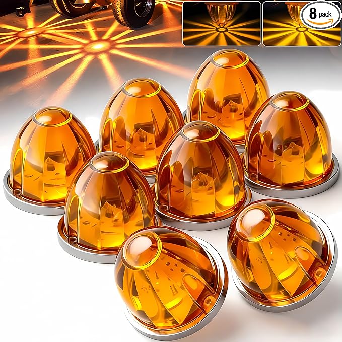 BJZ 8Pcs Amber Watermelon LED Strobe+Constant Marker Lights Dual Function Watermelon-shaped Side Marker Clearance Tail Top Cap Roof Lights for Trailer Truck Semi-trailer Heavy-duty Truck Bus Van