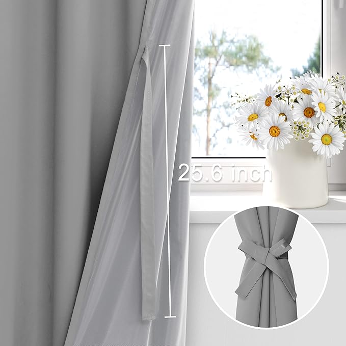 XWZO Full Shading Blackout Curtains 45 Inches Length with Tiebacks- Heat and Light Blocking Ring Top Window Drapes with Black Liner Backing for Bedroom/Kid's Room, Light Grey, W52 x L45, Set of 2