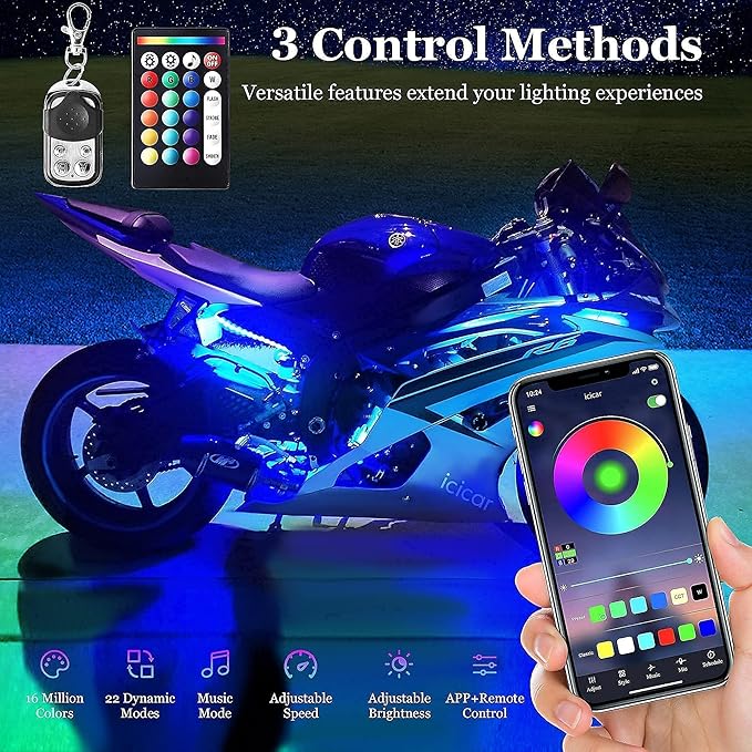 Motorcycle LED Underglow Kit, icicar 8 Pcs APP/RF Control Multicolor Motorcycle LED Light Kit with Brake Turn Signal, IP68 Waterproof & Music Sync Ambient Light for Motorcycles