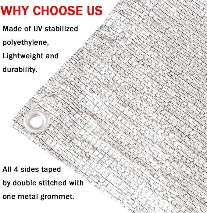 95% Sun Block Heavy Duty Aluminum Foil Shade Cloth with Grommets,8ft x 8ft, Mesh Sun Block Fabric Cover, Canopy, Privacy Screen for Outdoor Patio, Garden, Backyard, Silver