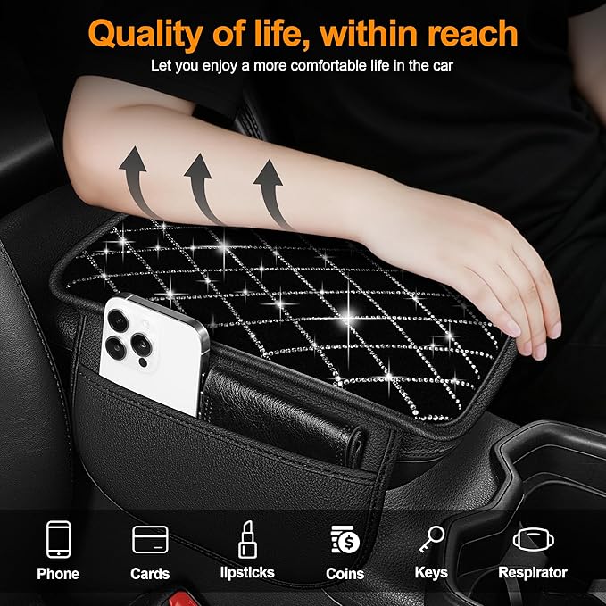 Bling Armrest Cover for Car Compatible with Jeep Renegade - Center Console Cover with 2 Storage Pockets and Crystal Diamond(Black)