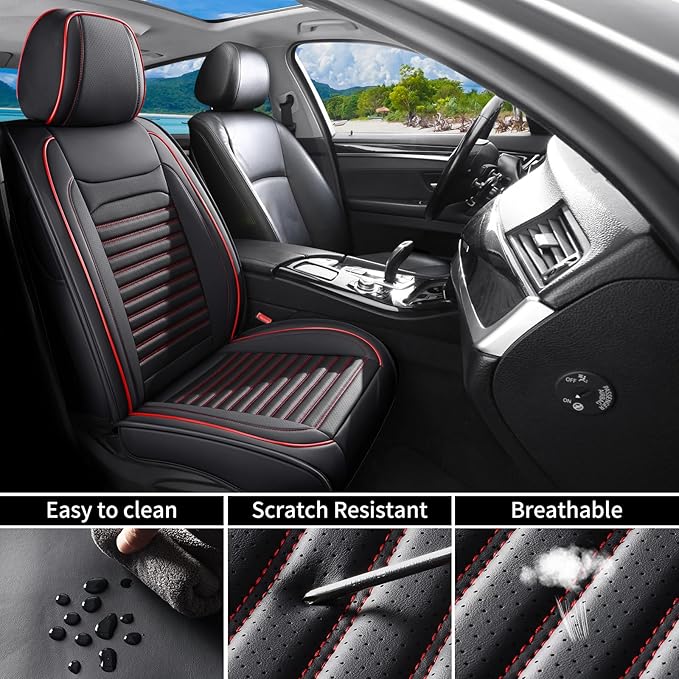 Car Seat Covers Full Set Fit for Toyota Avalon 2001-2022, Premium Faux Leather Car Seat Protector,Breathable Anti-Slip Full Wrapping Edge Seat Covers(Black&Red,Full Set)