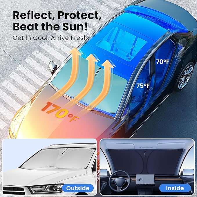 Windshield Sunshade for Jeep Grand Cherokee 2011-2026 - Innovative No-Light-Pass Technology, Mirror Cut-Out, Blocks 99% UV Rays, Fade-Resistant, Easy-Fold Grand Cherokee Windshield Sun Shade