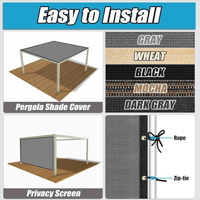 Amagenix 90% Shade Fabric 18'X 18' Gray Sun Shade Cloth with Grommets for Pergola Replacement Shade Cover Canopy, Heavy Duty, Cable Zip Ties Included (We Customized)