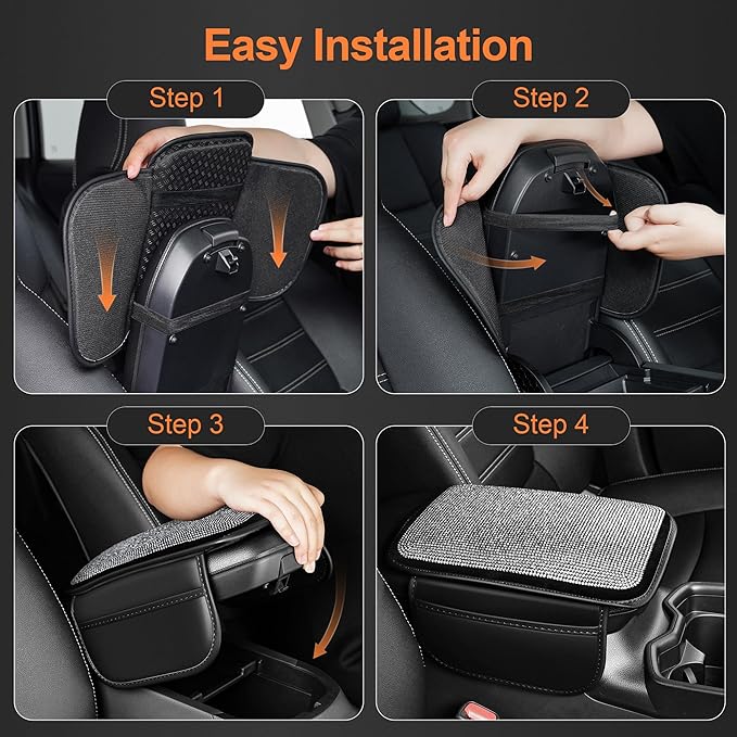 Bling Car Center Console Cover Custom Fit for Jeep Renegade - Leather Armrest Cover with 2 Storage Pockets and Crystal Rhinestones(Black)