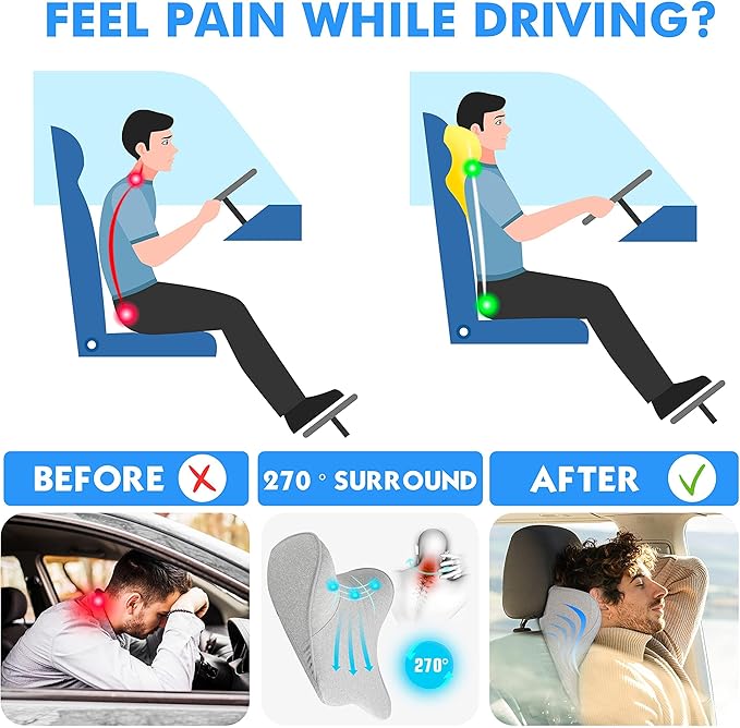 Car Neck Pillow for Driving Seat Car Headrest Pillow with Flexible Strap, 100% Memory Foam Neck Support Pillow for Car, Office Chair Dark Grey Pack of 2
