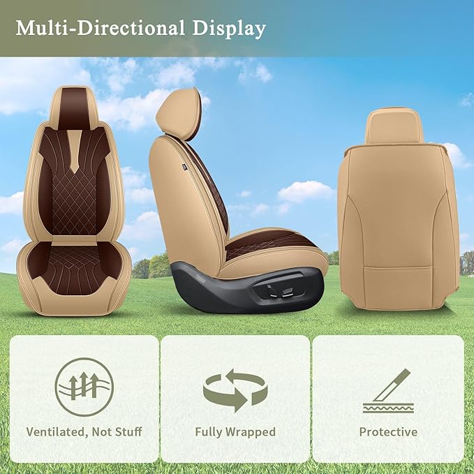 Breathable Car Seat Covers for Honda Civic 2003-2015 & 2020-2025 2026, Front Seats, Perforated Leather, Seat Protector, Interior Trim for Honda Civic Accessories (Beige&Brown)