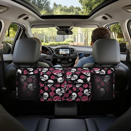 Skull Roses Car Trunk Organizer Bag Hanging Car Back Seat Storage Bag with 4 Pockets Auto Interior Accessories for SUV MPV Sedans Pickup Jeep Trucks