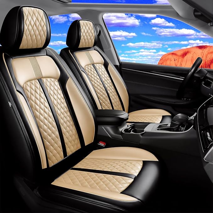 Fit Sonic Car Seat Covers for Select Chevrolet/Chevy Sonic 2012-2020, Premium Full Coverage Leather, Airbag Compatible, Waterproof All Weather Seat Cushion Protector, Full Set, Black+Beige