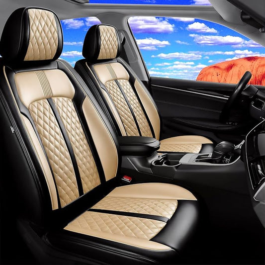 Car Seat Covers for Select Honda Fit 2007-2020, Premium Full Coverage Leather, Airbag Compatible& Scratch-Resistant, Waterproof & All Weather Breathable Seat Protector, Front Pair Black+Beige
