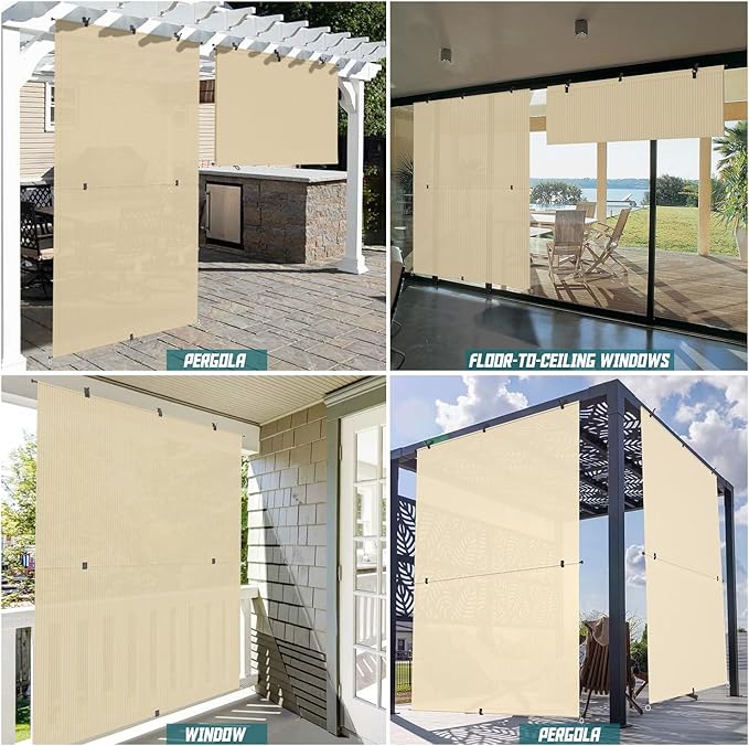 Bynbbur 6'W x 10.5'H Outdoor Patio Shades Foldable Roller Blinds, 220 GSM Sun Shade Roll Up Porch Screens Exterior Shade Cloth for Deck Pergola Backyard, Beige