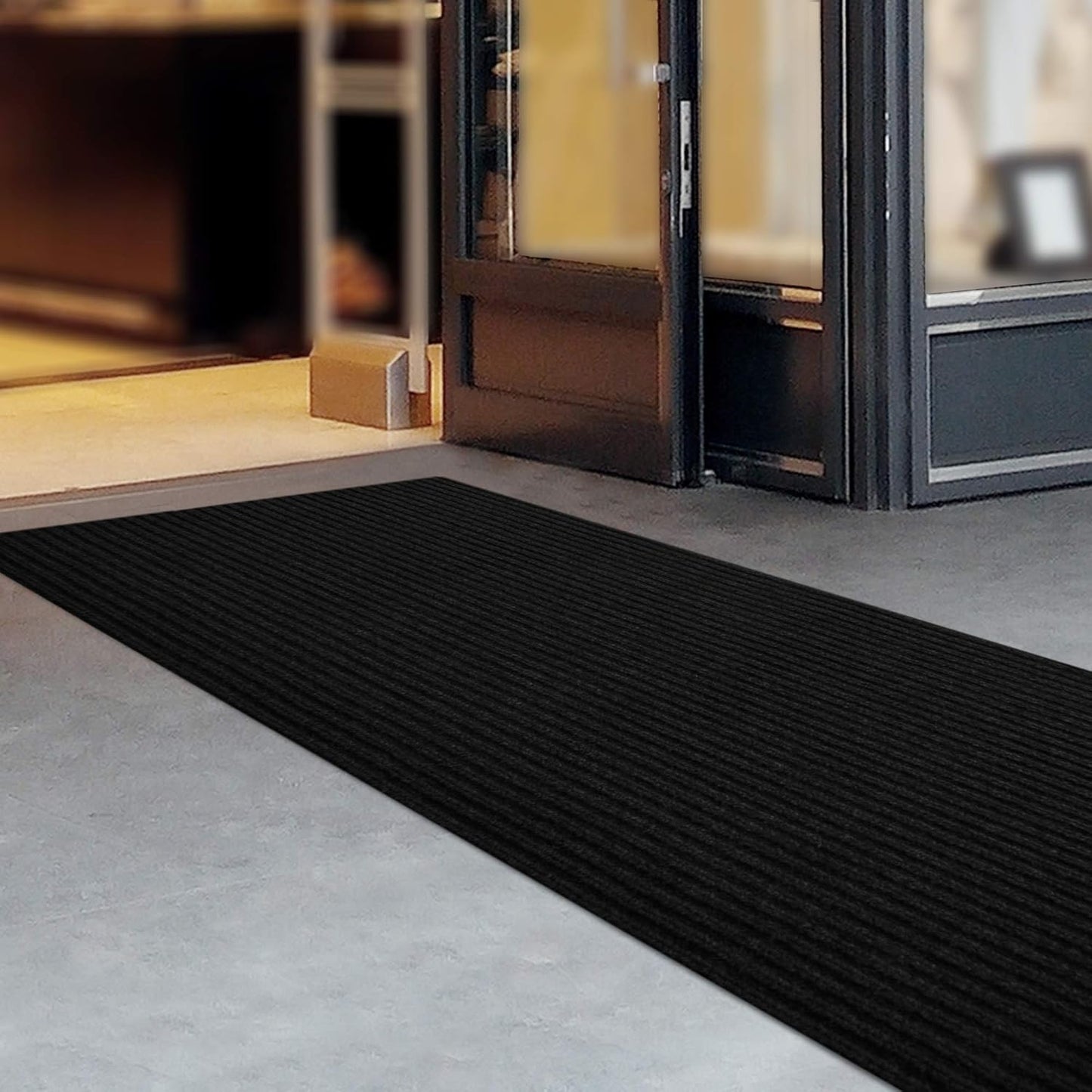 iCustomRug Spartan Weather Warrior Indoor/Outdoor Utility Ribbed Carpet Runner with Non-Slip Thermoplastic Rubber Backing, 3ft X 24ft in Black