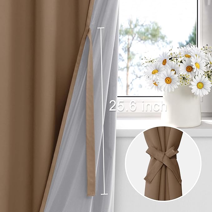 XWZO 100% Blackout Curtain Panels - Extra Long Thermal Insulated Black Liner Curtains, Noise Reducing and Heat Blocking Drapes for Bedroom with Tiebacks, Cappuccino, W52 x L108, Set of 2