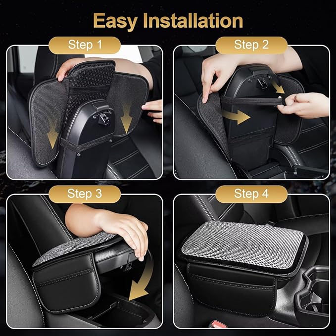 Bling Center Console Cover Fit for Toyota Tacoma with 2 Storage Bags Fully Diamond-Studded Style Center Console Armrest Cover with Total Protection(Silver Diamond)