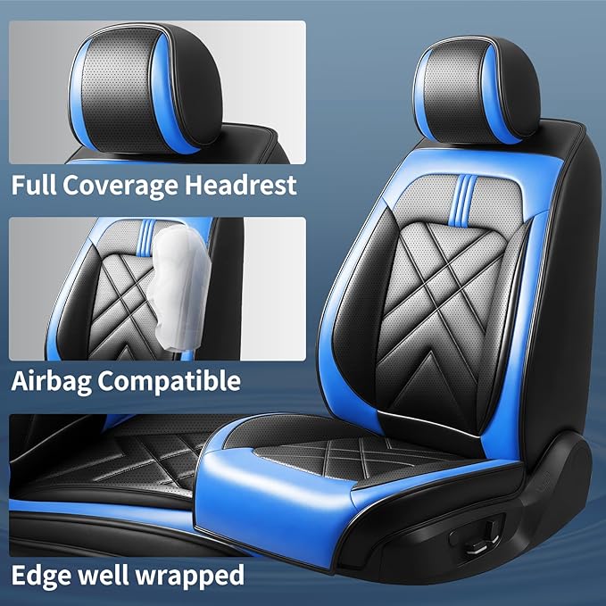Car Seat Covers Fit for Mazda 3 2007-2026, Premium Leather, Full Coverage Leather Waterproof Breathable Seat Covers, Automotive Seat Protectors, Airbag Compatible(2 Front Seats, Black-Blue)
