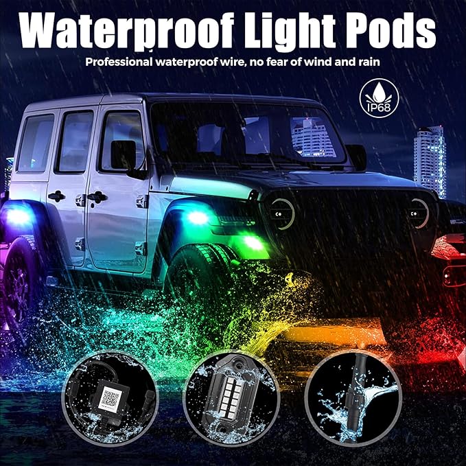 RGB LED Rock Lights Kit, 10 pods Multicolor Neon Light with Bluetooth App/Remote Control Flashing Music Mode, Aluminum Metal, IP68 Waterproof, 12v for Truck ATV UTV SUV