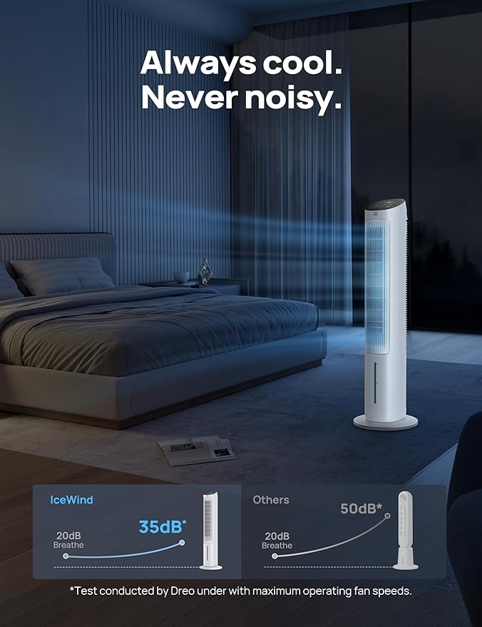 Dreo Tower Fan for Bedroom, 40" Evaporative Air Cooler, Cooling Fans That Blow Cold Air with 80° Oscillating, Removable Water Tank, 3 Modes 4-Speed, Remote Control, Quiet Floor Fan, 7H Timer，White