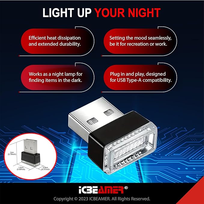 ICBEAMER USB Type-A LED Night Light 2-Pack (Green) | Plug-in Universal Fit Automotive Accessory for Car Interior and Trunk Ambient Atmosphere Lighting