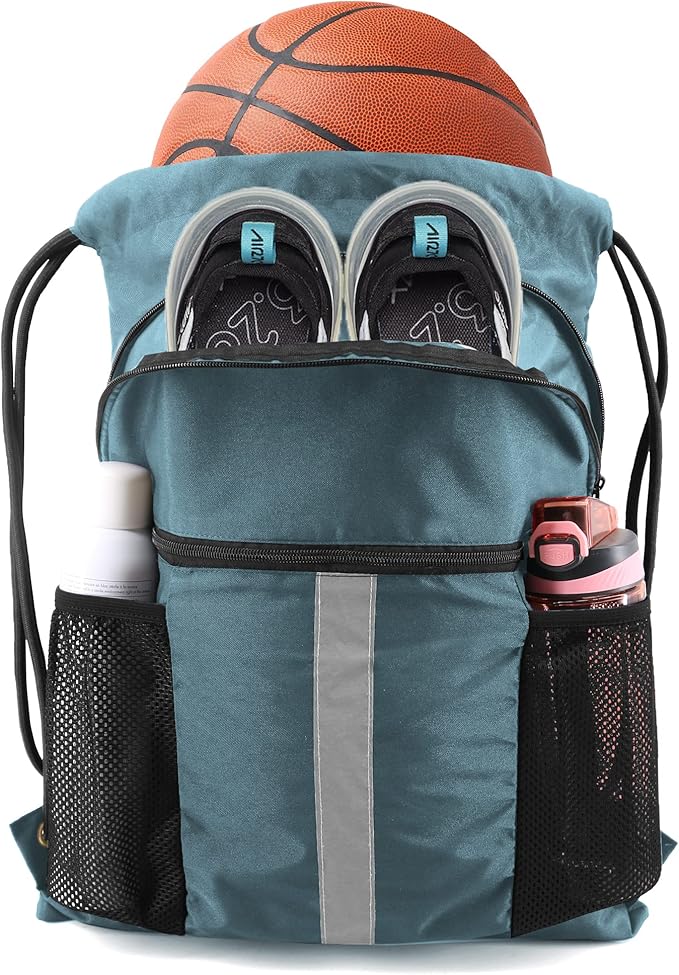 BeeGreen Drawstring Backpack Bag with Shoe Compartment, X-Large Black Gym Sports String Cinch Backpack
