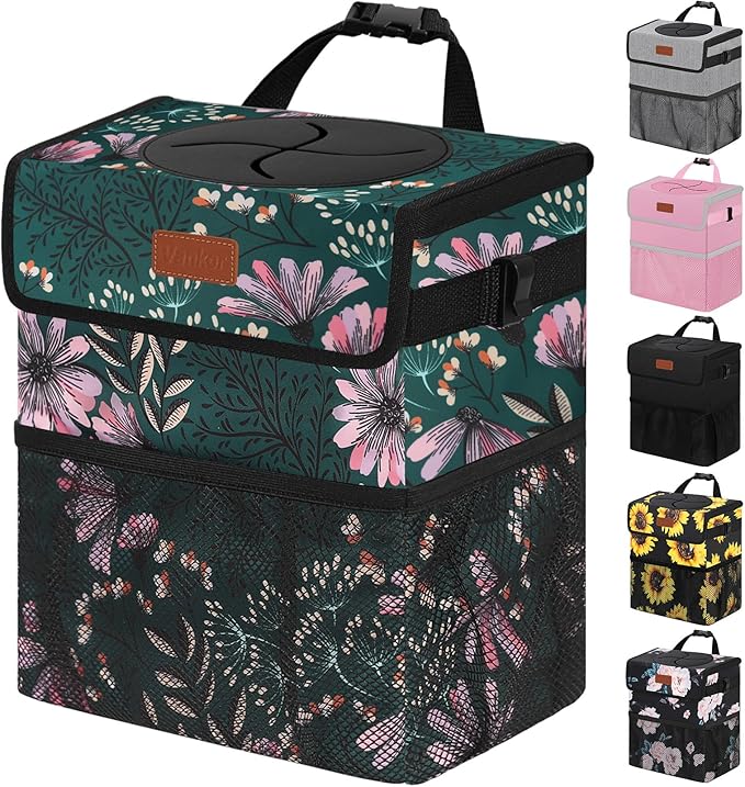 Vankor 3 Gallons Car Trash Can with Lid, Car Trash Bag Bin Hanging Waterproof Automotive Garbage Cans Leak Proof Vehicle Trash Can Navy Floral