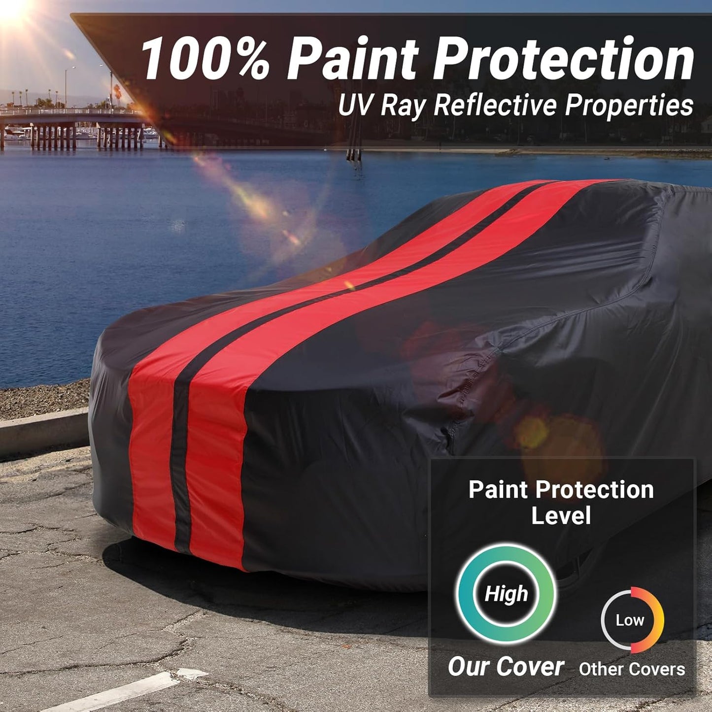 iCarCover Custom Car Cover for Pontiac GTO (1964-1967) Waterproof All-Weather Rain Snow UV Sun Protector Full Exterior Indoor Outdoor Car Cover (Stripe - Black/Red)