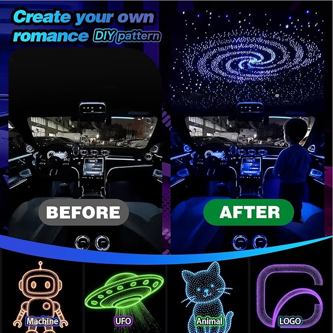Split Starlight Headliner Kit - 800pcs 0.02in 4.9ft Fiber Optic RGBW Star Lights for Car with 4 Light Heads 16W Engine Easy to Hide,Flexible Wiring,APP/Remote Control for Car Roof Ceiling