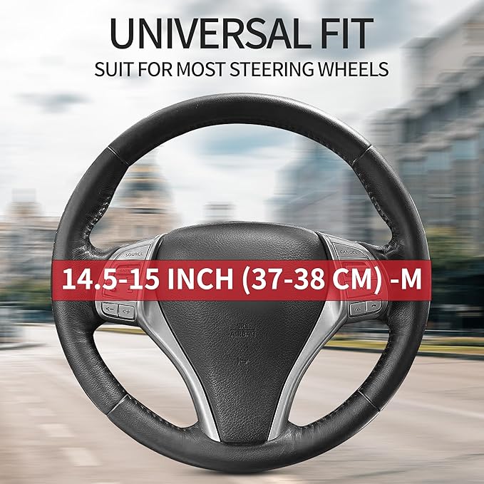 Non-Slip Car Nappa Leather Steering Wheel Cover,Universal Car Accessories Women Men Fit 14" 1/2-15" Suvs/Vans/Sedans/Cars/Trucks,Black
