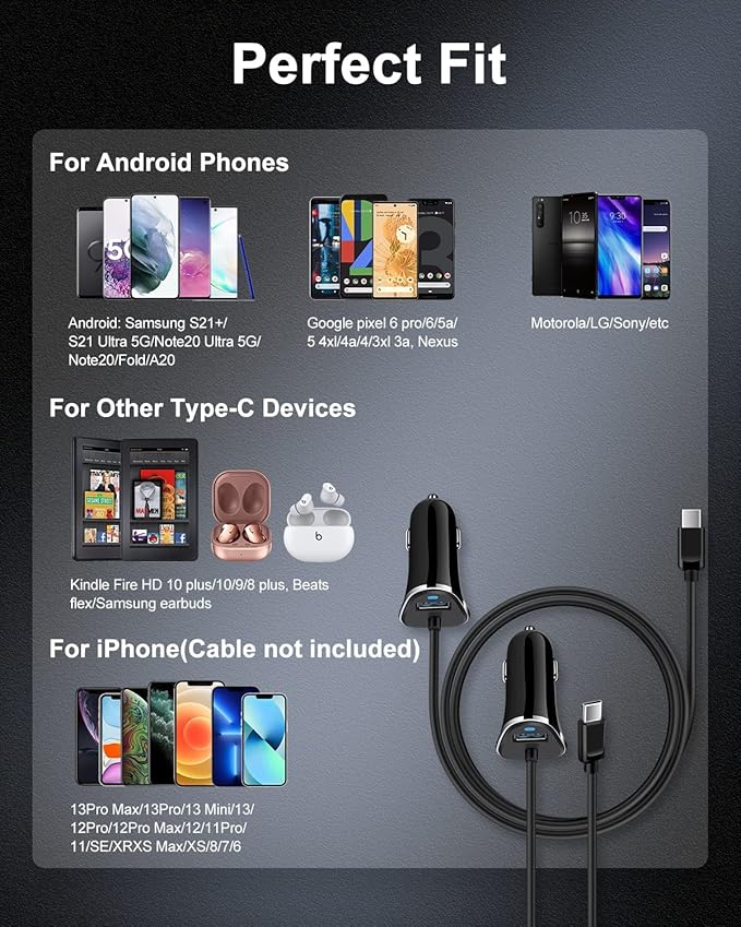 USB-C Car Charger, 3.4A USB Type C Car Charger Adapter & Fast Charge Cable Cords Cargador USBC Lighter for Samsung Galaxy S26 S25 S24 S23 S22 A17, iPhone 17e 17 16e 16 15 Pro Max Android Cigarette 12V