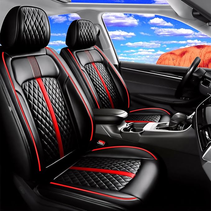 Fit Prologue Car Seat Covers (Front Pair) for Select Honda Prologue 2024-2026 - Premium Full Coverage Leather, Airbag Compatible, Waterproof & All Weather Seat Cushion Protector, Red Trim