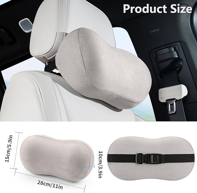 Car Neck Pillow Ergonomic Design Memory Foam Softness Car Headrest Pillow for Neck Support Cushion for Driving, Universal Fit Head Rest Travel Pillow, Fits All Vehicles, Gray, 1 Pack