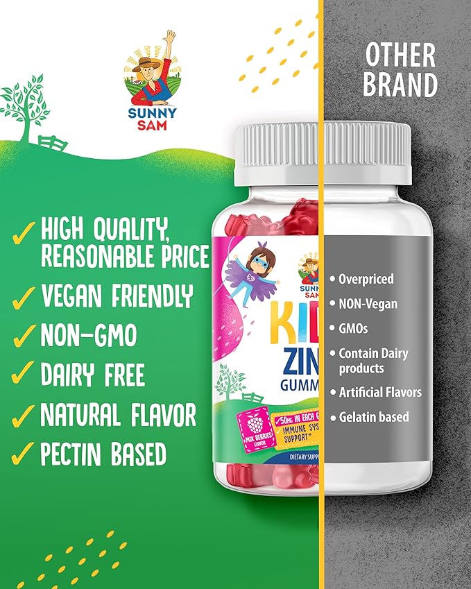 SUNNY SAM Vitamin D3 K2 Gummies 5000 IU - Immune & Bone Support - Sugar-Free & Zinc Gummies for Kids & Adults