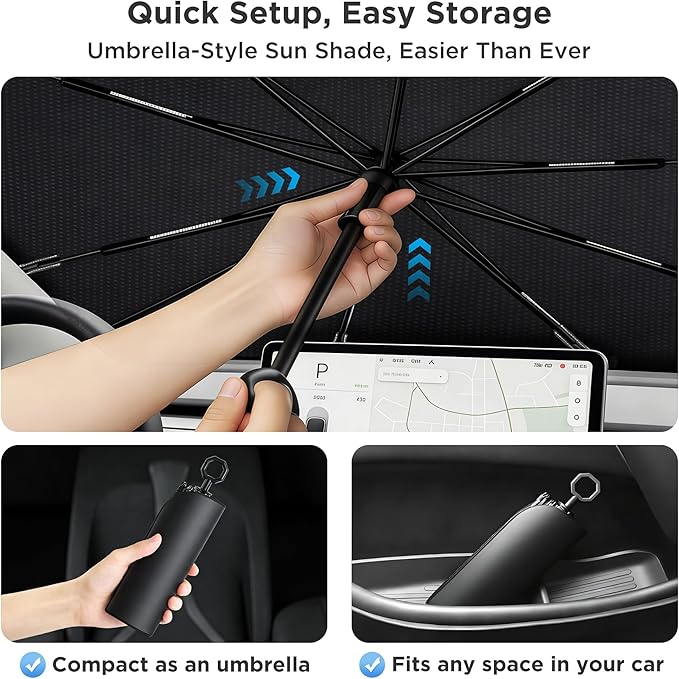 2026 for Tesla Model Y Model 3 Windshield Sun Shade Umbrella [7-Layer Vinyl Coating Heat Shield] Foldable Front Window Sunshade Umbrella Protect Interior from UV Keep Car Cooler(56" x 35")