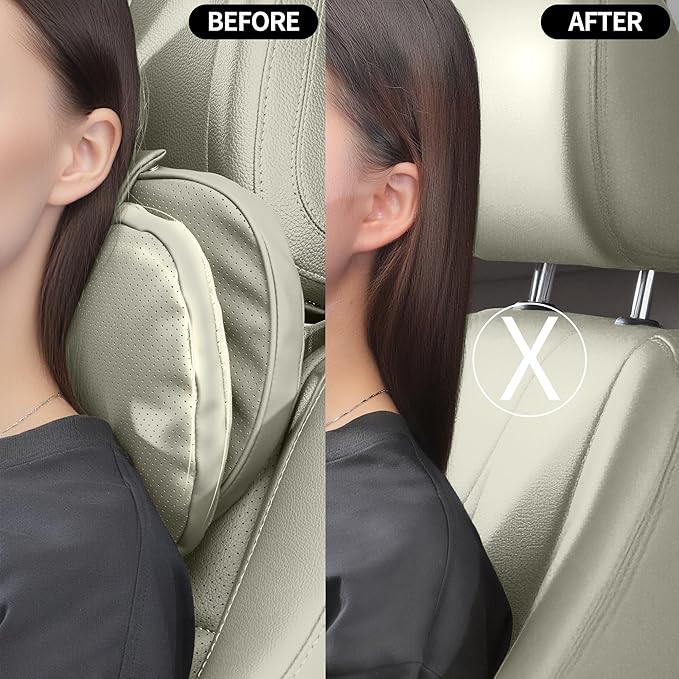 Car Headrest Pillow for Driving, Dual-Sided Leather Design Neck Pillow, Breathable Softness Neck Support, Universal Fit Head Rest Travel Pillow, Off White (Beige), 1 Pack