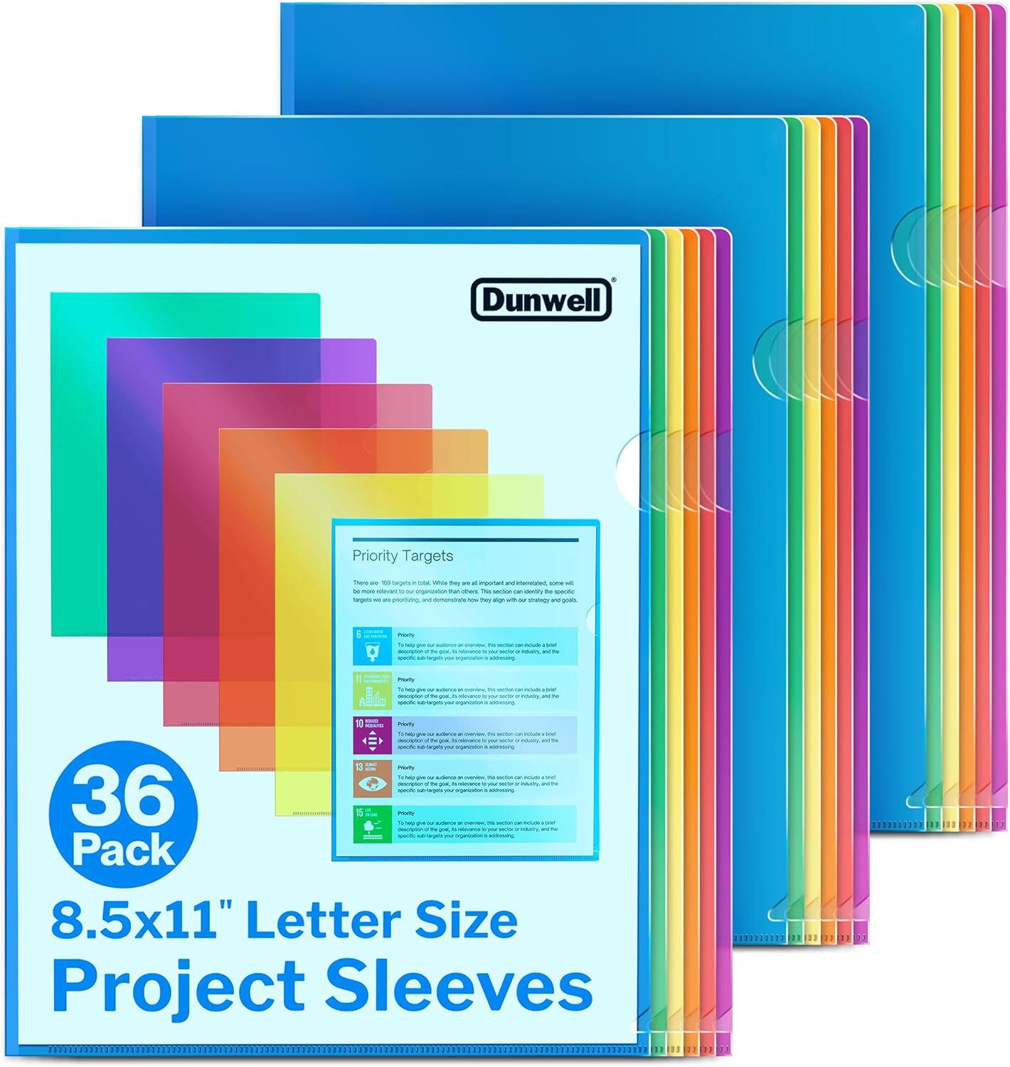 Dunwell Clear Folders for Documents, Plastic 8.5x11 File Sleeves for Document Protection, Filing, Storage, Organization (36 Pack) Colorful Folders with Pockets, Durable Letter Size Document Holder