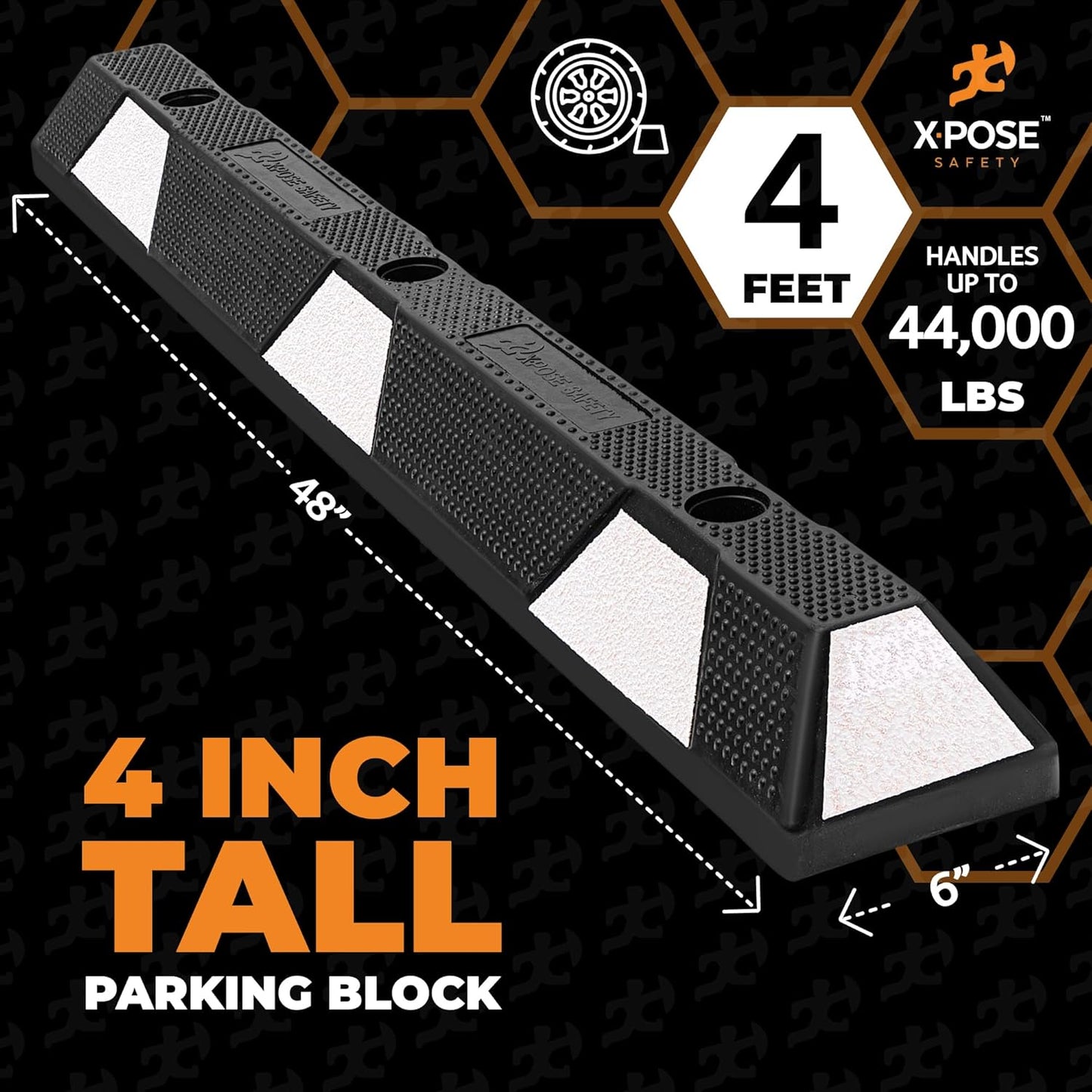 Xpose Safety 48" Heavy Duty Rubber Parking Stopper – 1 Pack Wheel Blocks for Garage, Driveway, or Ramp – Car Bumper Stop with White Reflective Strips – Removable Floor Mount