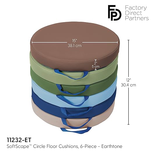 Factory Direct Partners SoftScape 15 inch Round Classroom Floor Cushions with Handles; Flexible Seating for Daycare, Preschool, Playroom; 2 inch Thick Deluxe Foam (6-Piece) - Earthtone, 11232-ET