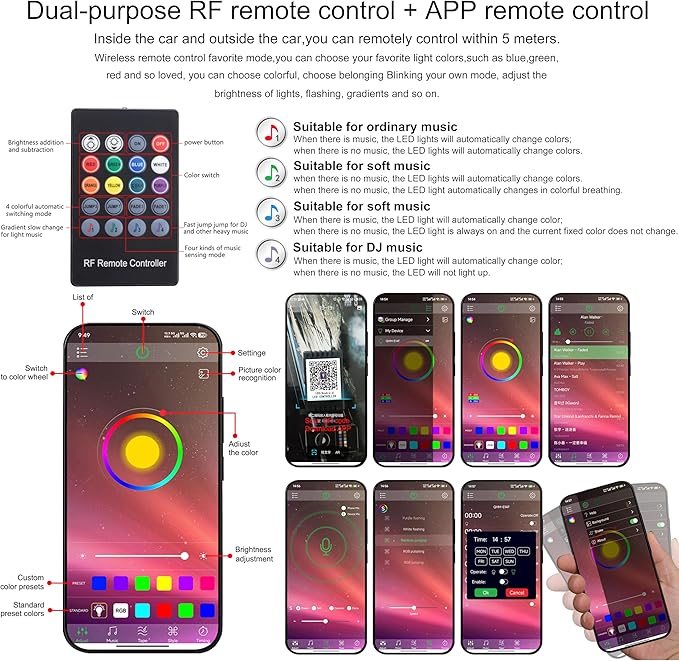 Car Ambient Lighting Kit Bluetooth App Control + RF Remote Control 64 Colors Multicoloured Music Interior Footwell Lighting Kit 12V