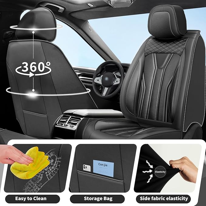 Fit Frontier Car Seat Covers Compatible with Nissan Frontier 2010-2025 2026 -Premium Leather， Waterproof Breathable， All-Weather Seat Cushion Protecto&Airbag Compatible (2 Front Seat All Black)