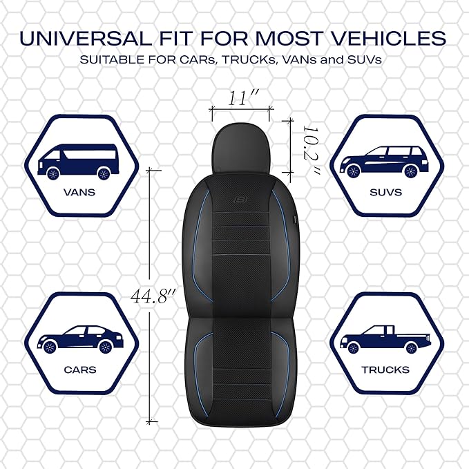 Skechers Air-Cooled Memory Foam Seat Covers,Mesh Thick Car Seat Covers,Piping Leather Car Seat Covers Front Seats,Airbag Compatible,Automotive Comfort Universal Fit Most Cars,Vans,Truck,SUV,Blue